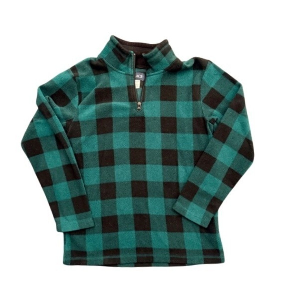 The Childrens Place Boys Green Black Buffalo Plaid Quarter Zip Fleece Size 10/12